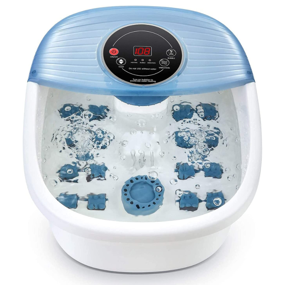 Belro temperature-controlled foot bubble bath massager with vibration therapy, featuring bubble jets and adjustable settings for relaxation.