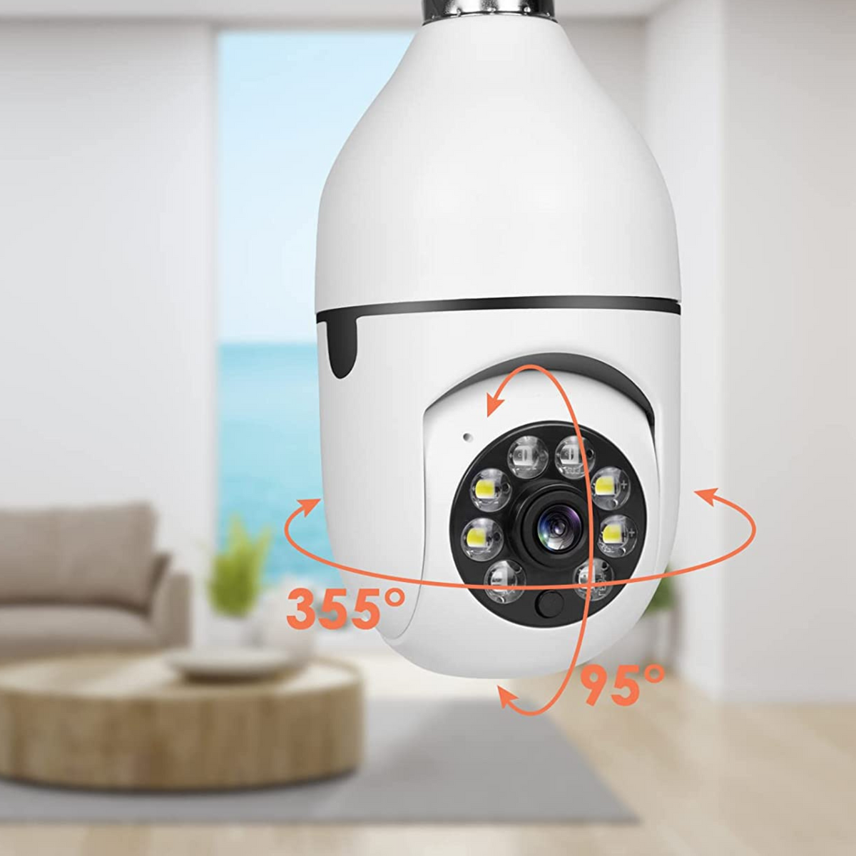 Belro Smart Wifi indoor/outdoor security light bulb camera with lens, mounted outdoors in a garden setting.