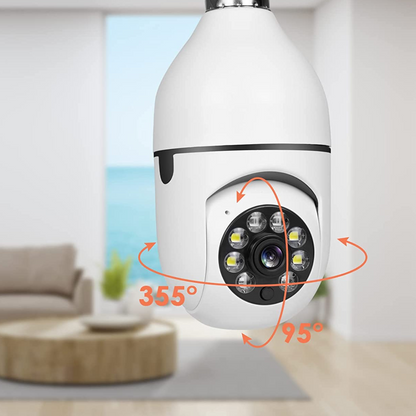 Belro Smart Wifi indoor/outdoor security light bulb camera with lens, mounted outdoors in a garden setting.