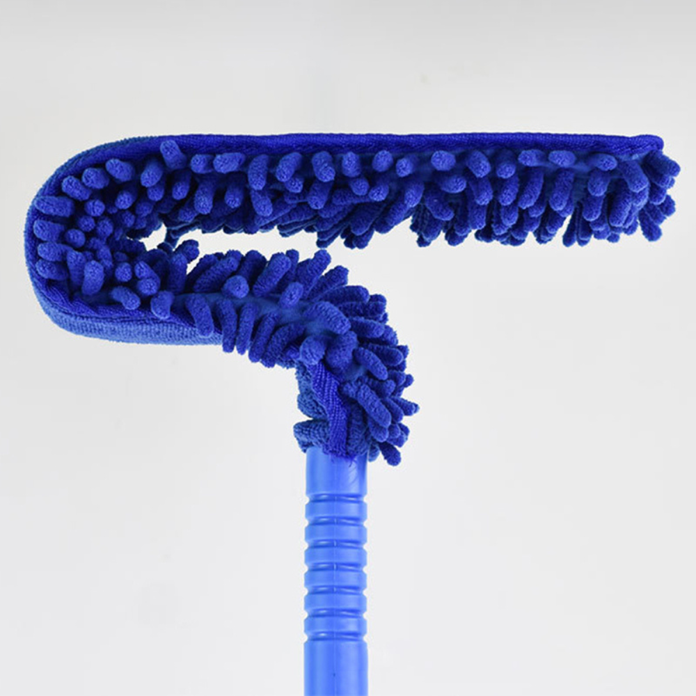 Belro flexible extendable microfiber ceiling fan duster with high reach for outdoor home cleaning, shown in use on ceiling fan blades.