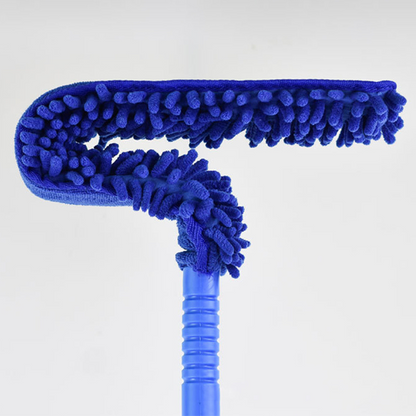 Belro flexible extendable microfiber ceiling fan duster with high reach for outdoor home cleaning, shown in use on ceiling fan blades.
