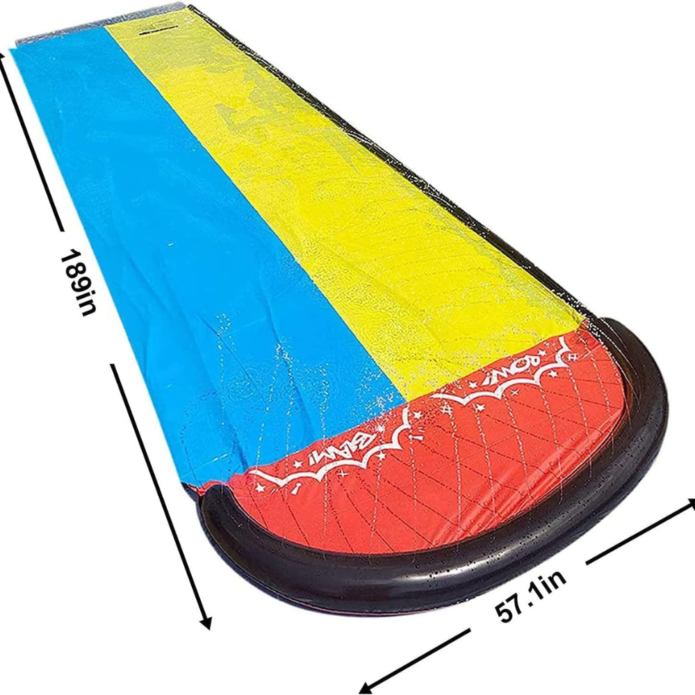 Colorful inflatable backyard slip and slide for kids by Belro, set up outdoors with children playing on the water-soaked sliding surface.