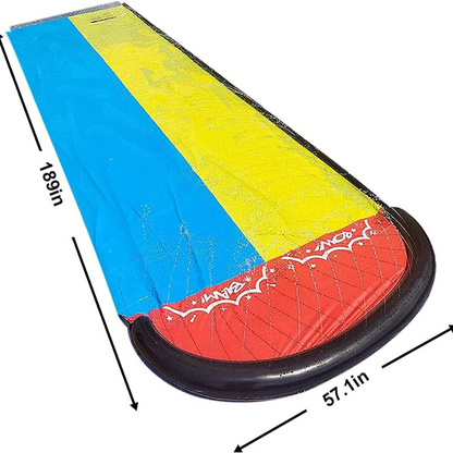 Colorful inflatable backyard slip and slide for kids by Belro, set up outdoors with children playing on the water-soaked sliding surface.
