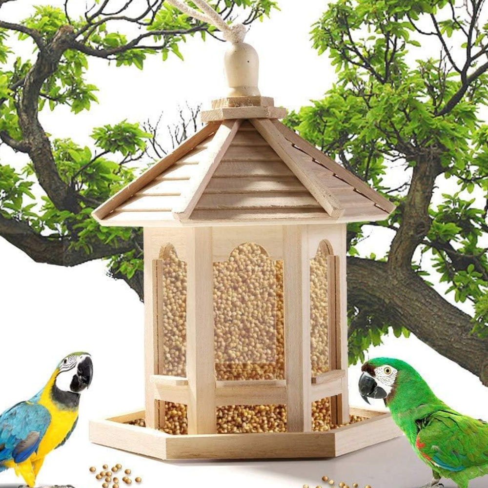 Belro wooden transparent bird feeder for home and garden, showcasing a clear design perfect for bird watching and garden decor.