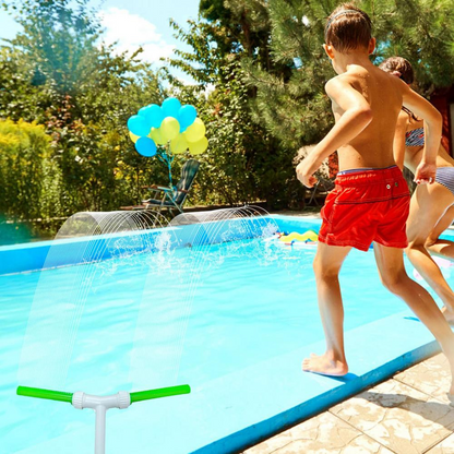 Belro swimming pool fountain spray with luminous light, outdoor garden feature, water jet and glowing illumination in action