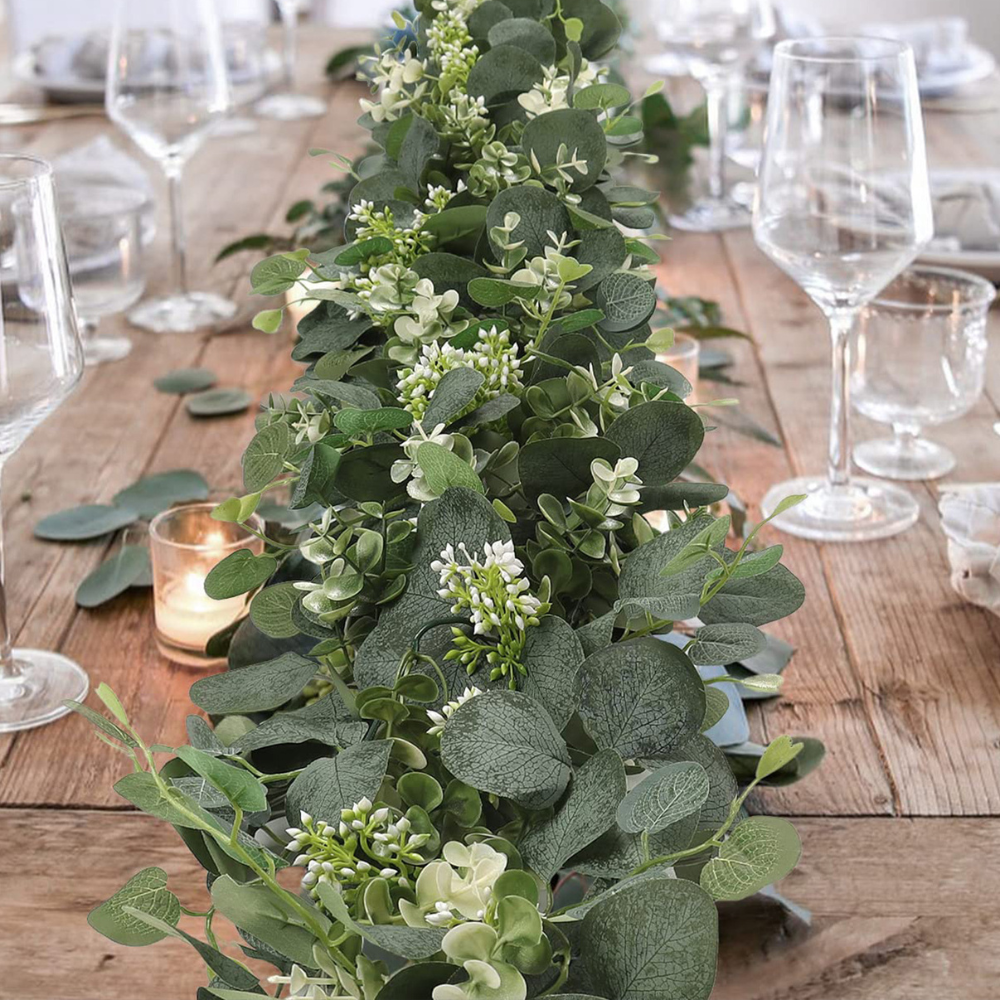Belro elegant decorative faux eucalyptus garland for home and garden decor with lush green leaves and realistic appearance.