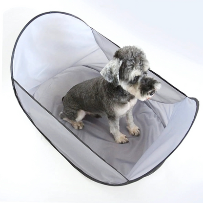 Belro waterproof pet hair catcher for dogs and cats, shown attached to grooming tool for catching loose fur during grooming.
