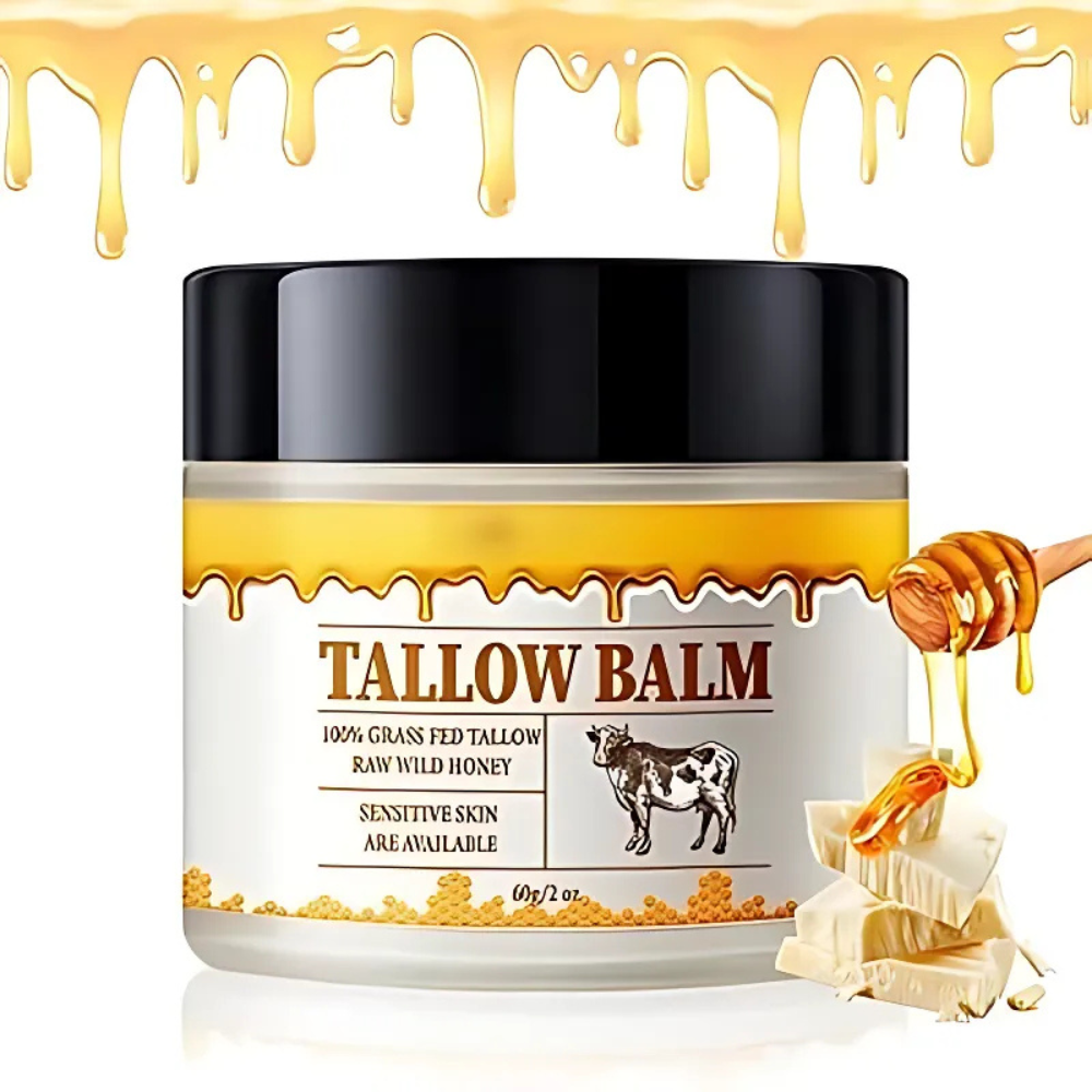 Belro Hydrating Beef Tallow Honey Moisturizer face and body balm shown in a jar, highlighting its creamy texture and natural ingredients.
