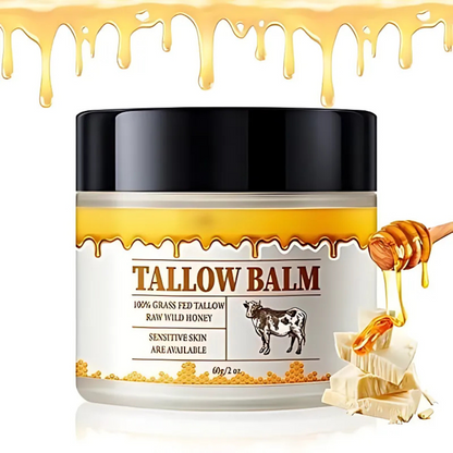 Belro Hydrating Beef Tallow Honey Moisturizer face and body balm shown in a jar, highlighting its creamy texture and natural ingredients.