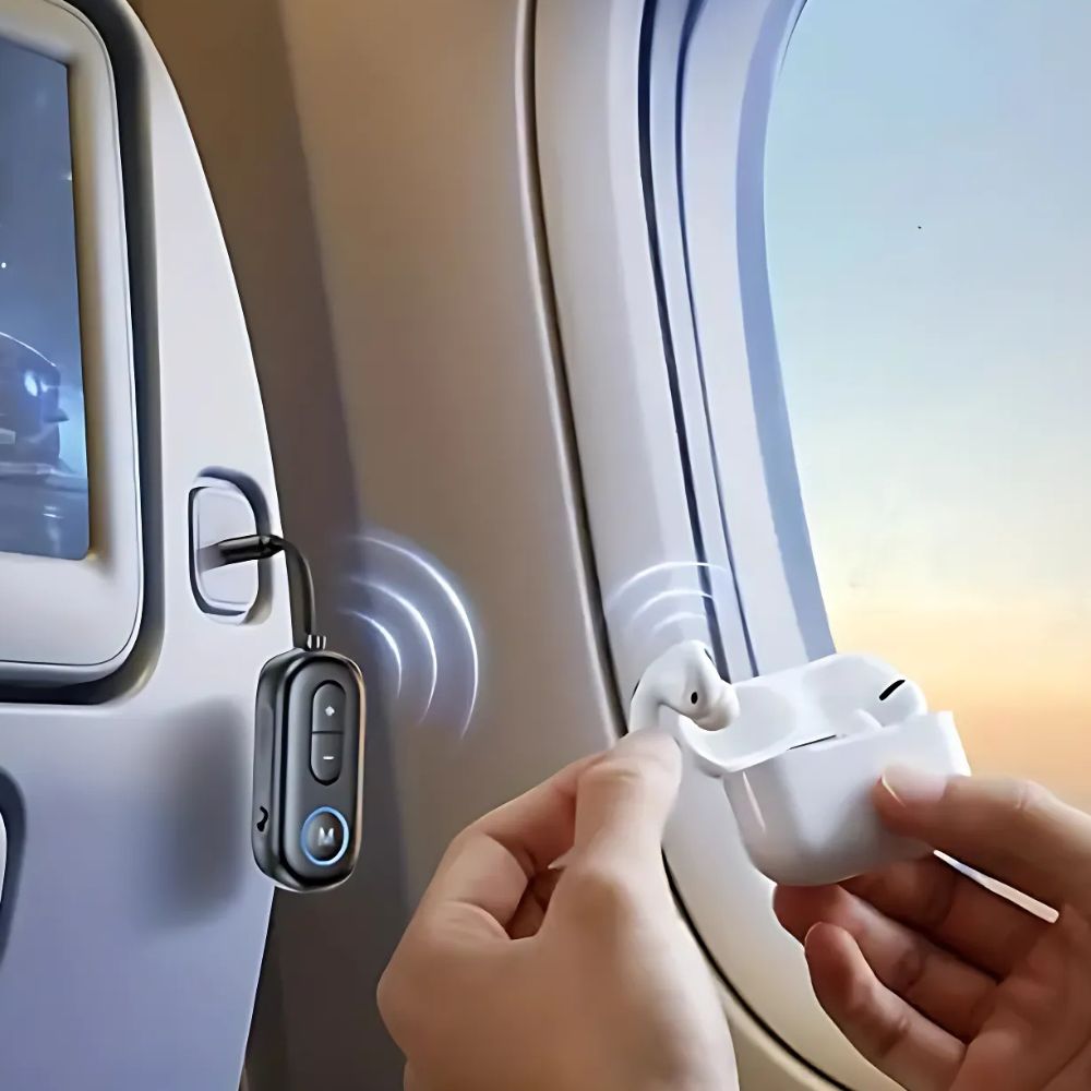 Belro Wireless Bluetooth 5.4 audio transmitter and receiver with microphone, compact airplane adapter for electronic audio devices.
