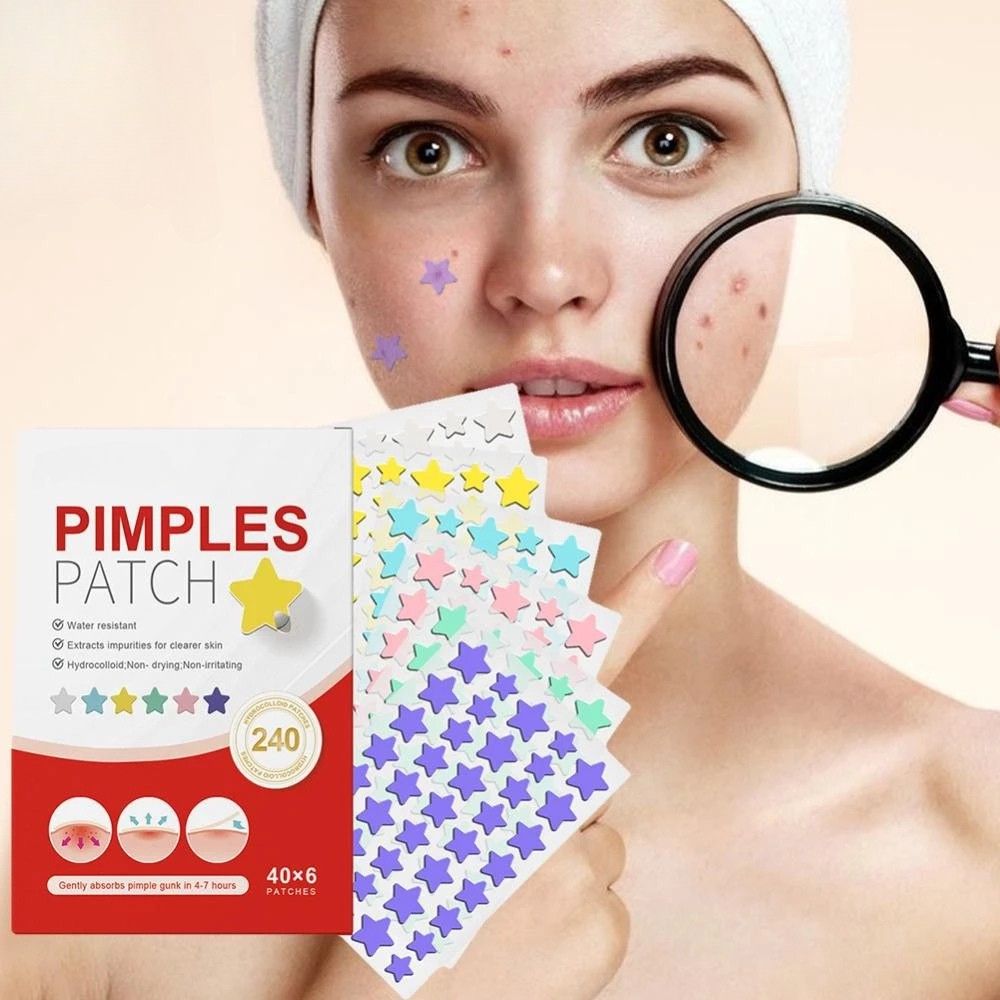 Colorful pimple patches in various bright hues, Belro brand, displayed in a 240-piece pack for men's skincare.