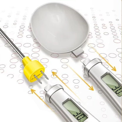 Belro 2-in-1 digital mini spoon scale and food thermometer showing a compact device with digital display and stainless steel spoon
