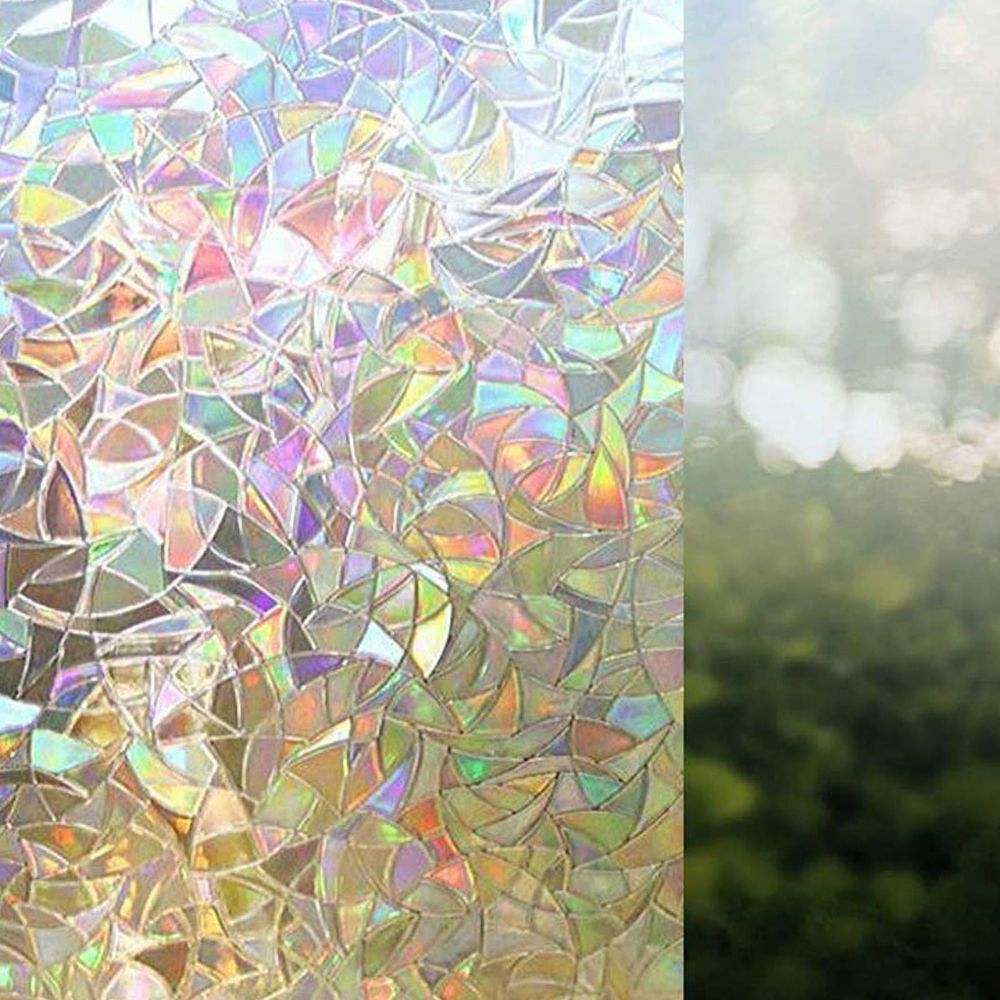 Decorative rainbow stained glass effect privacy film for windows, featuring vibrant colors and intricate glass-like design.