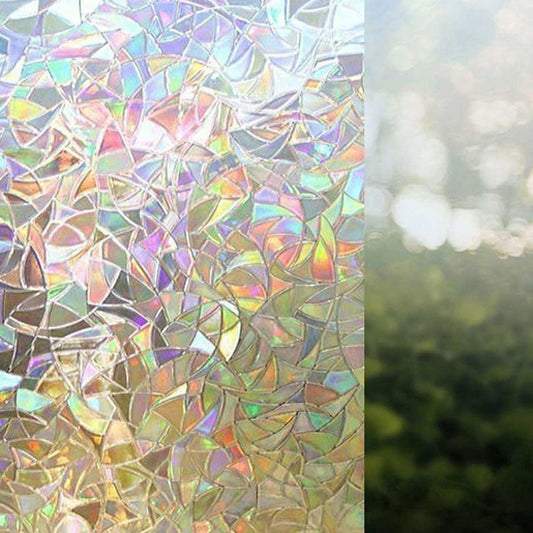 Decorative rainbow stained glass effect privacy film for windows, featuring vibrant colors and intricate glass-like design.