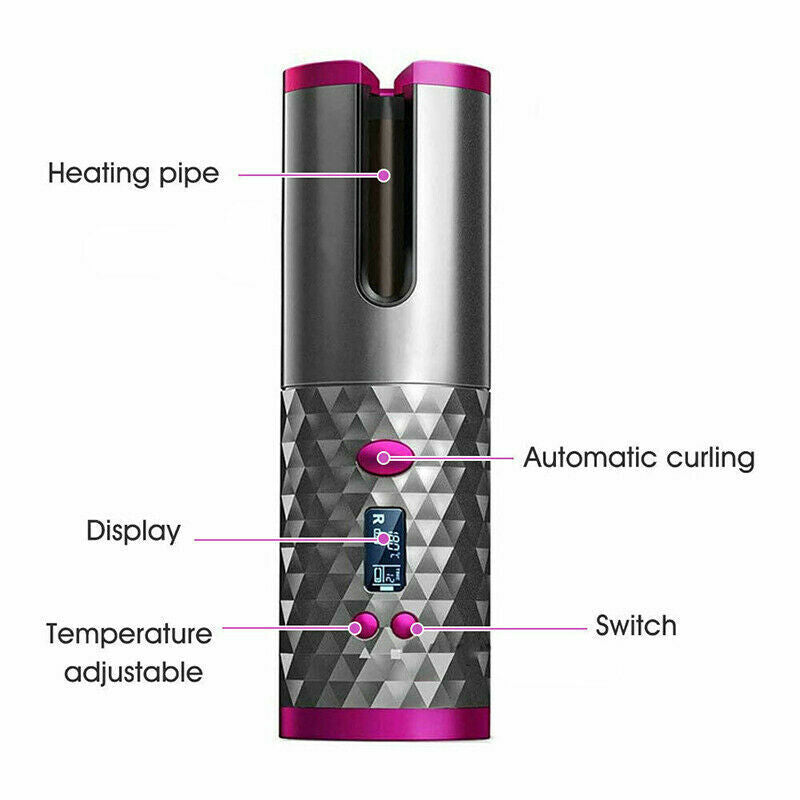 Belro cordless automatic hair curler for women, showcasing a sleek device with curled hair in a beauty and hair care setting.