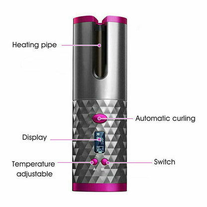 Belro cordless automatic hair curler for women, showcasing a sleek device with curled hair in a beauty and hair care setting.