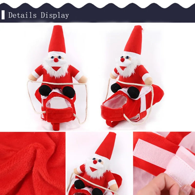 Belro Santa riding dog Christmas costume, festive red and white outfit with Santa hat, designed for pets and holiday celebrations.