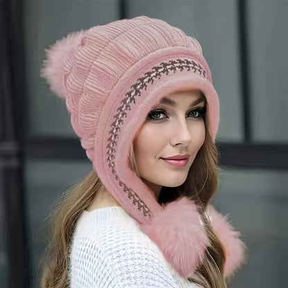 Belro fleece-lined winter hat with faux fur pom-pom, cozy accessory for cold weather, featuring a soft, warm design.