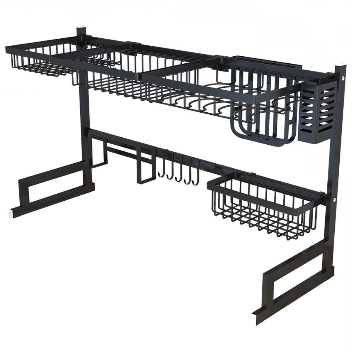 Belro stainless steel black dish drying rack over kitchen sink with draining shelf for dishes and utensils in a modern kitchen setting.