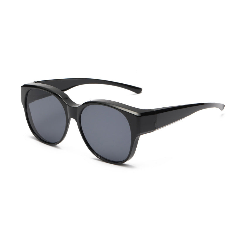 BowLift Fit-Over Sunglasses with polarized UV400 lenses, wraparound design, worn over glasses for sun protection.