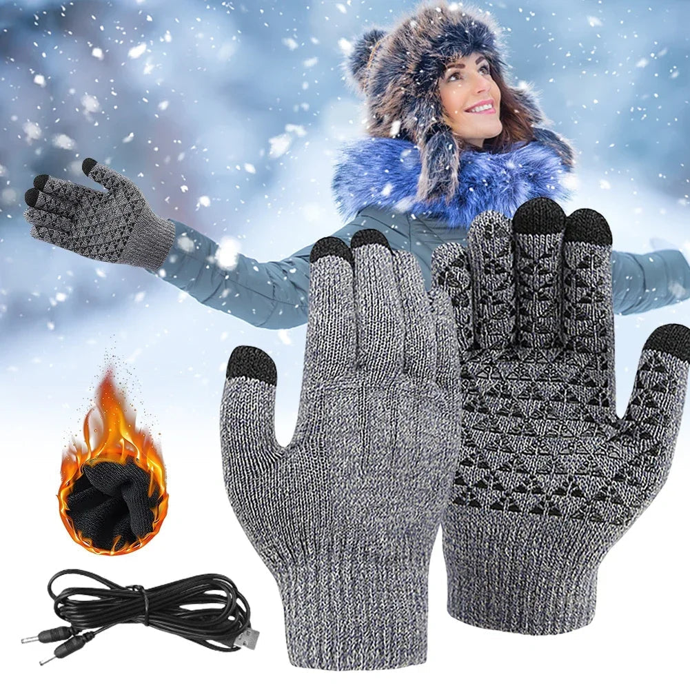 Belro USB touchscreen heated gloves for winter, showing black insulated gloves with touchscreen fingertips and heating controls.