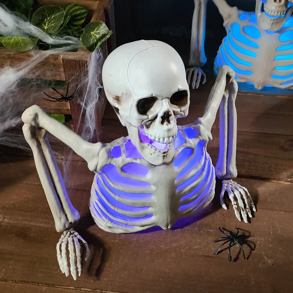 Belro glowing skeleton head Halloween decoration for home and garden decor, featuring a spooky skull with glowing accents.