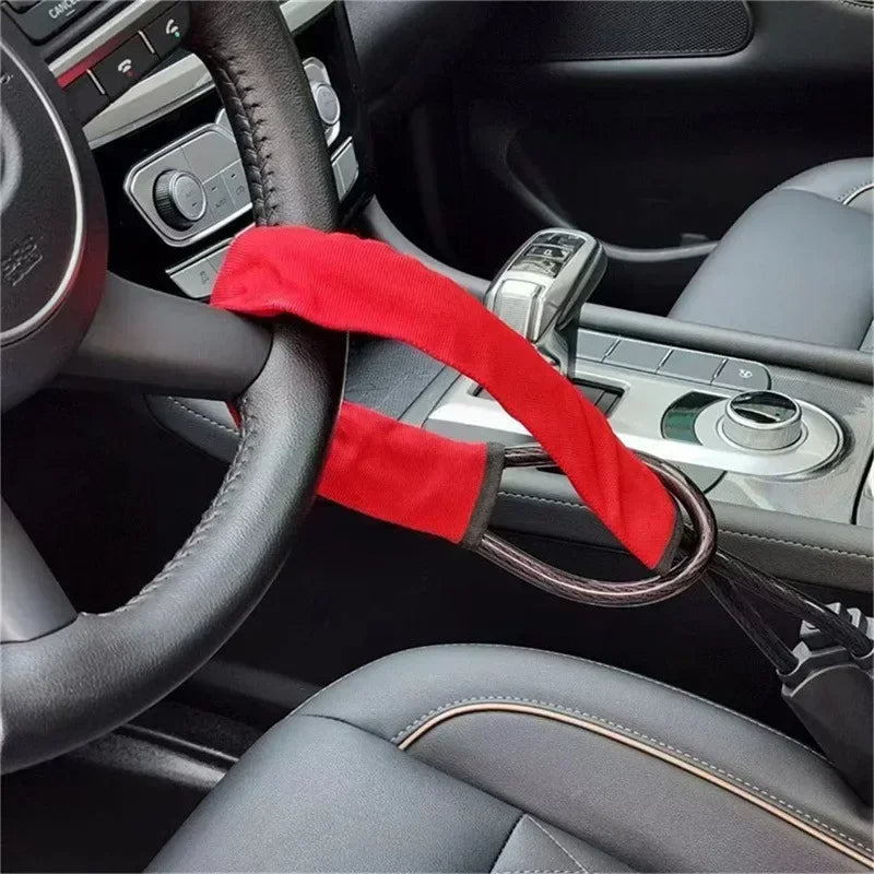 Belro universal car steering wheel lock with seat belt security attached, designed for vehicle safety and theft prevention.