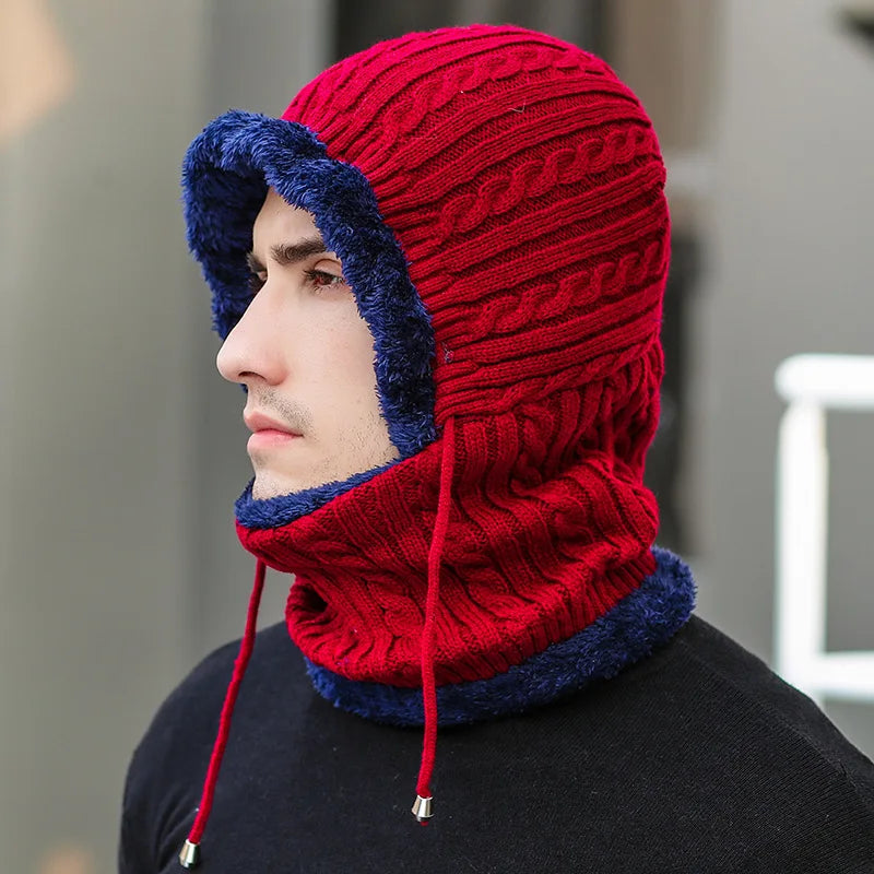 Belro winter knit hat balaclava with attached scarf, showcasing a warm, cozy clothing accessory for cold weather.