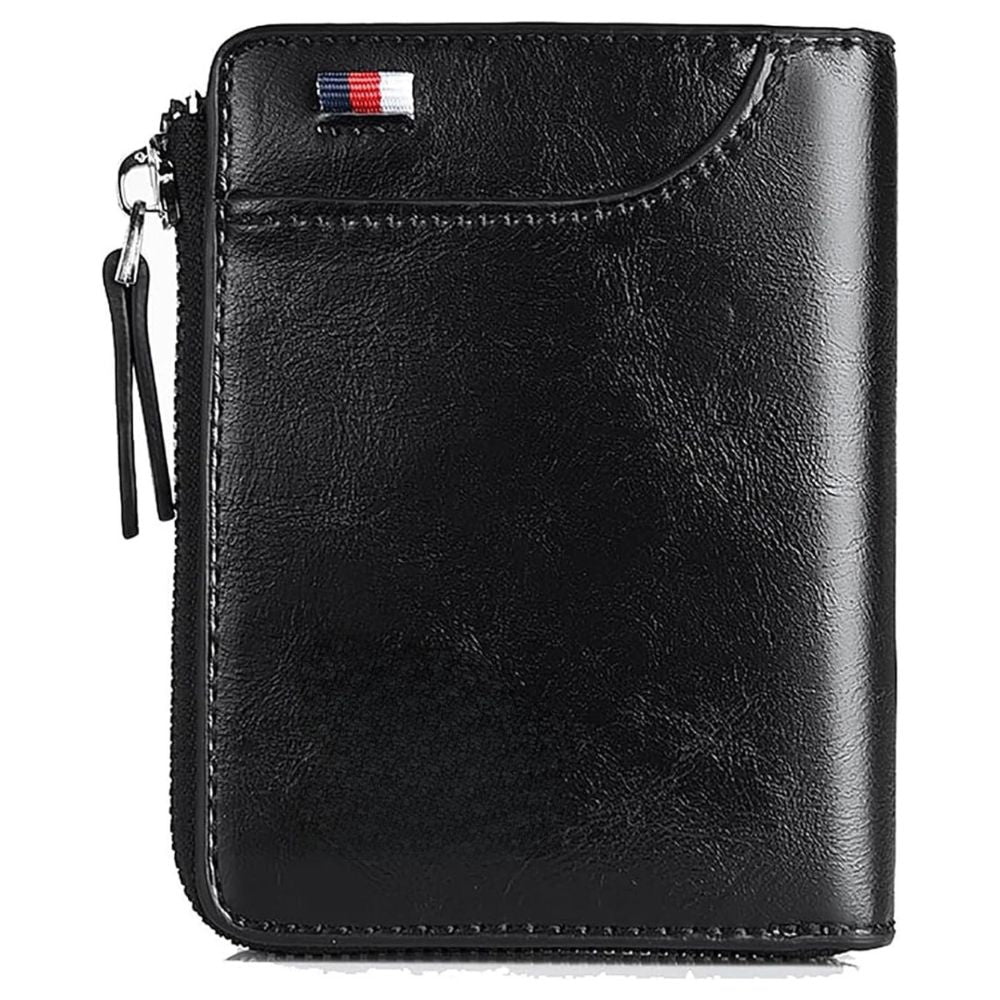 Belro men's RFID blocking wallet with zipper, multi-credit card holder in khaki, brown, and black leather.