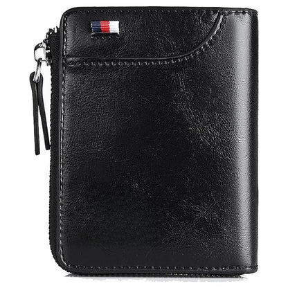 Belro men's RFID blocking wallet with zipper, multi-credit card holder in khaki, brown, and black leather.