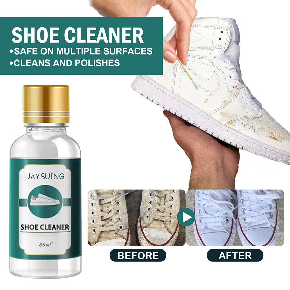 Belro Shoes Whitening Cleaner for men, close-up of the bottle with a clean, white shoe in the background, highlighting shoe care product.