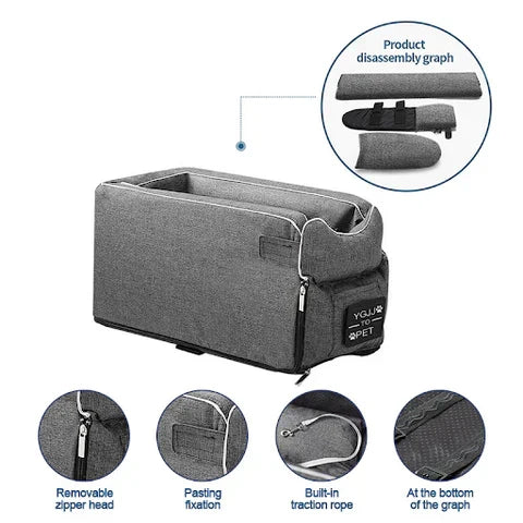 Belro Pet Armrest Safety Seat for small dogs and cats, a compact car seat travel bag with adjustable straps and secure safety features.