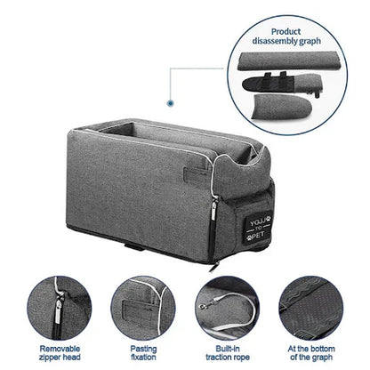 Belro Pet Armrest Safety Seat for small dogs and cats, a compact car seat travel bag with adjustable straps and secure safety features.