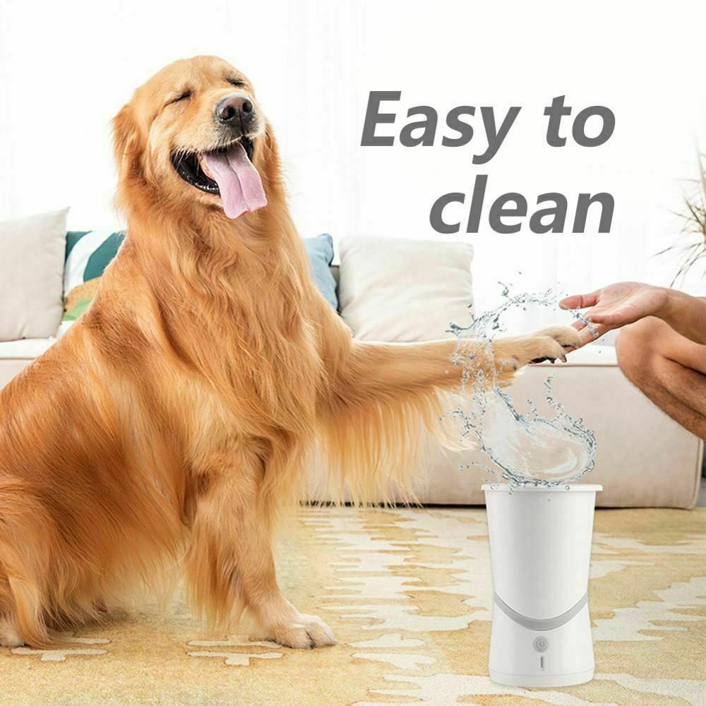 Belro automatic paw cleaner for dogs, showing the device with rotating brushes and water basin for grooming pet paws.