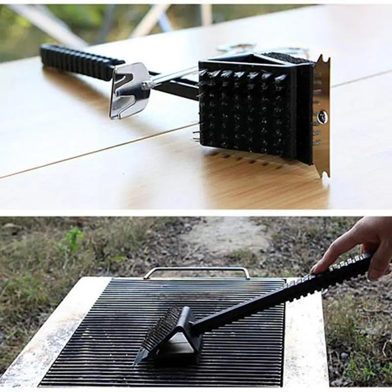 Belro 3-in-1 barbecue grill brush with scraper and sponge for cleaning grills, handles and bristles visible in the image.