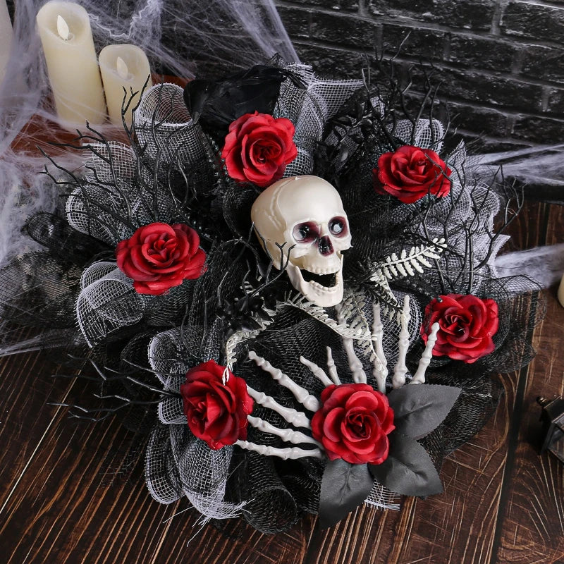 Red rose skull Halloween garland wreath by Belro, decorative front door wreath with spooky floral and skull accents for Halloween.
