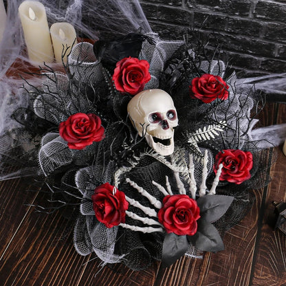 Red rose skull Halloween garland wreath by Belro, decorative front door wreath with spooky floral and skull accents for Halloween.