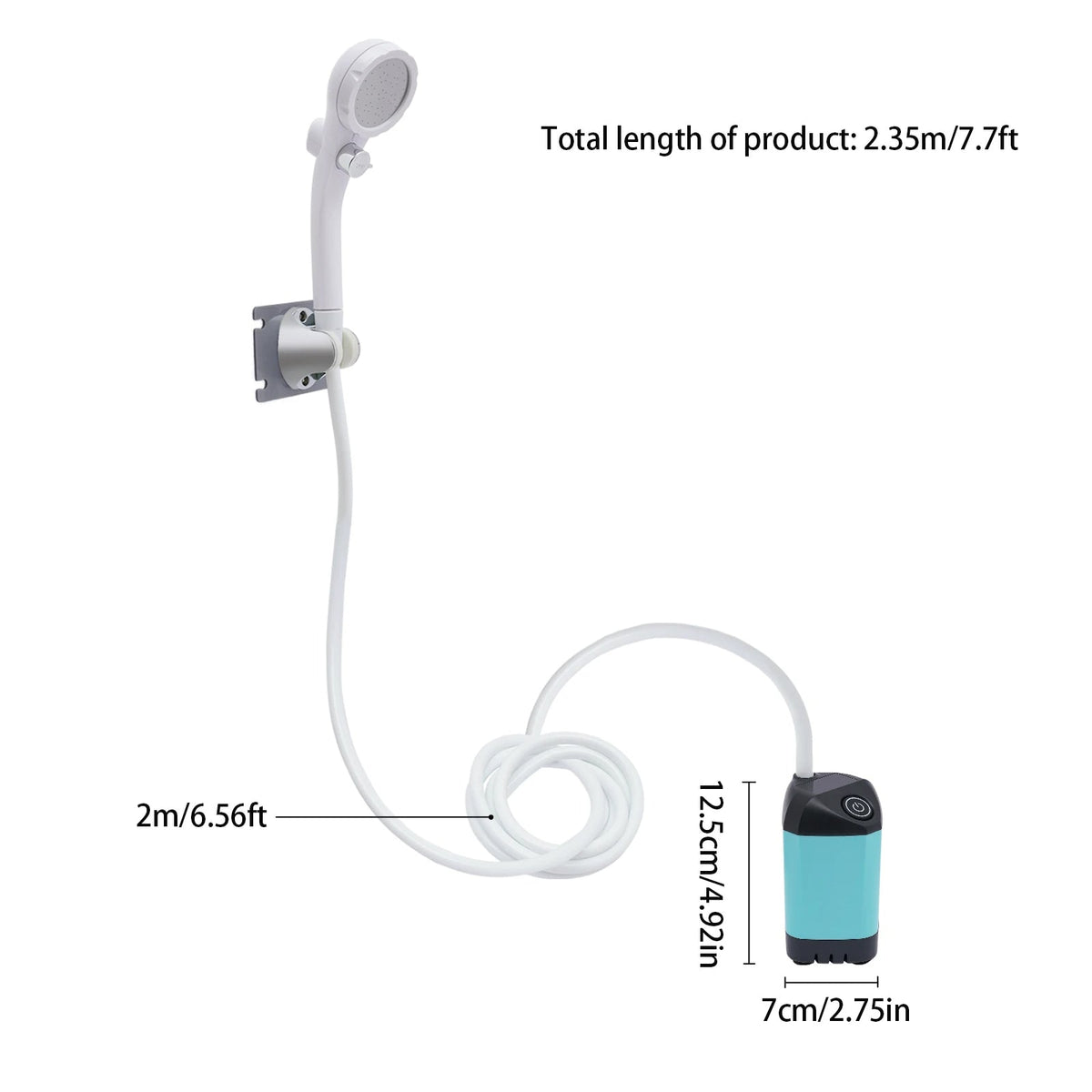 Belro electric portable camping shower with hose and control valve, ideal for outdoor camping and outdoor water use.