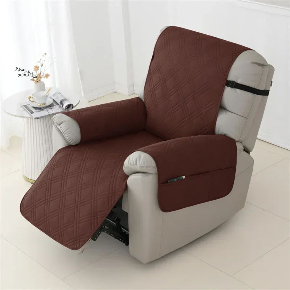 Belro waterproof quilted recliner arm chair slip cover showing fitted fabric with padded quilting and elastic edges for snug fit.