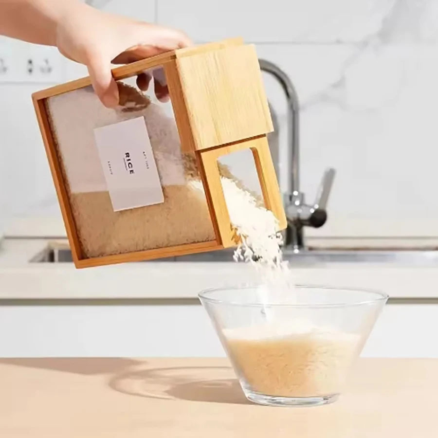 Belro bamboo cereal dispenser and food storage container with a clear lid for kitchen organization and freshness.