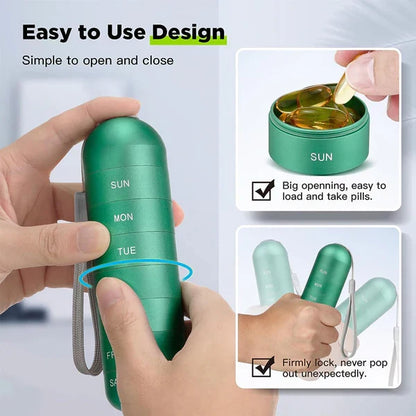 Aluminum 7-day portable pill organizer by Belro with separate compartments for travel medication storage.