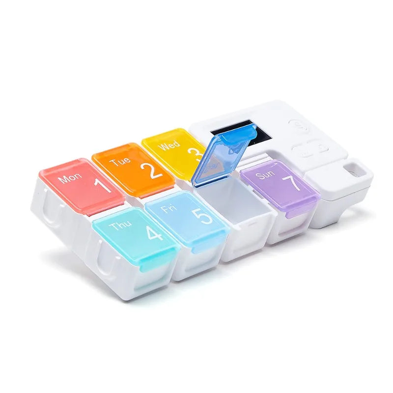 Belro Smart Electronic Weekly Pill Organizer with digital display and multiple compartments for medication management.