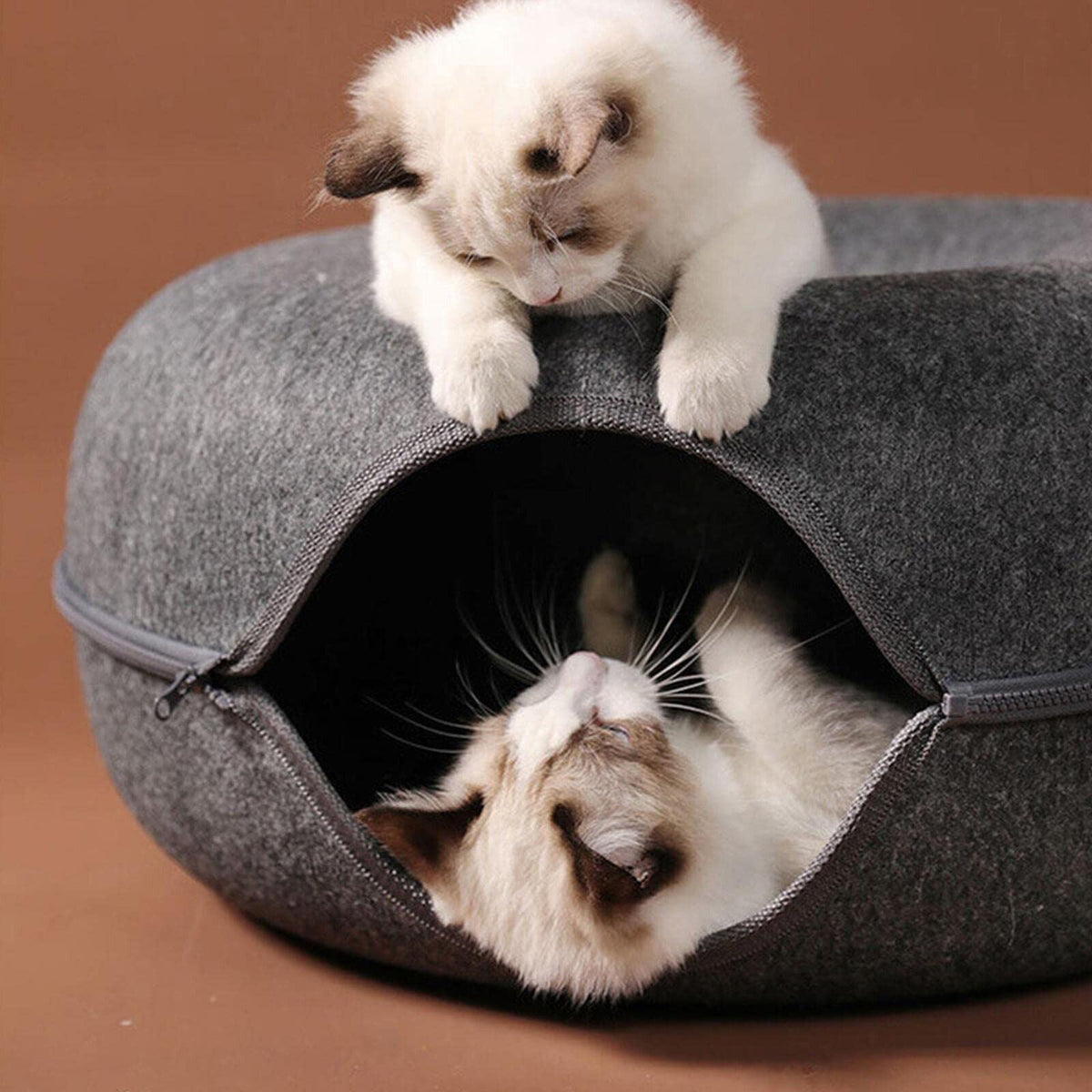 Belro Tunnel Interactive Cat Bed showing a cozy, fabric tunnel design perfect for cats to play and rest.