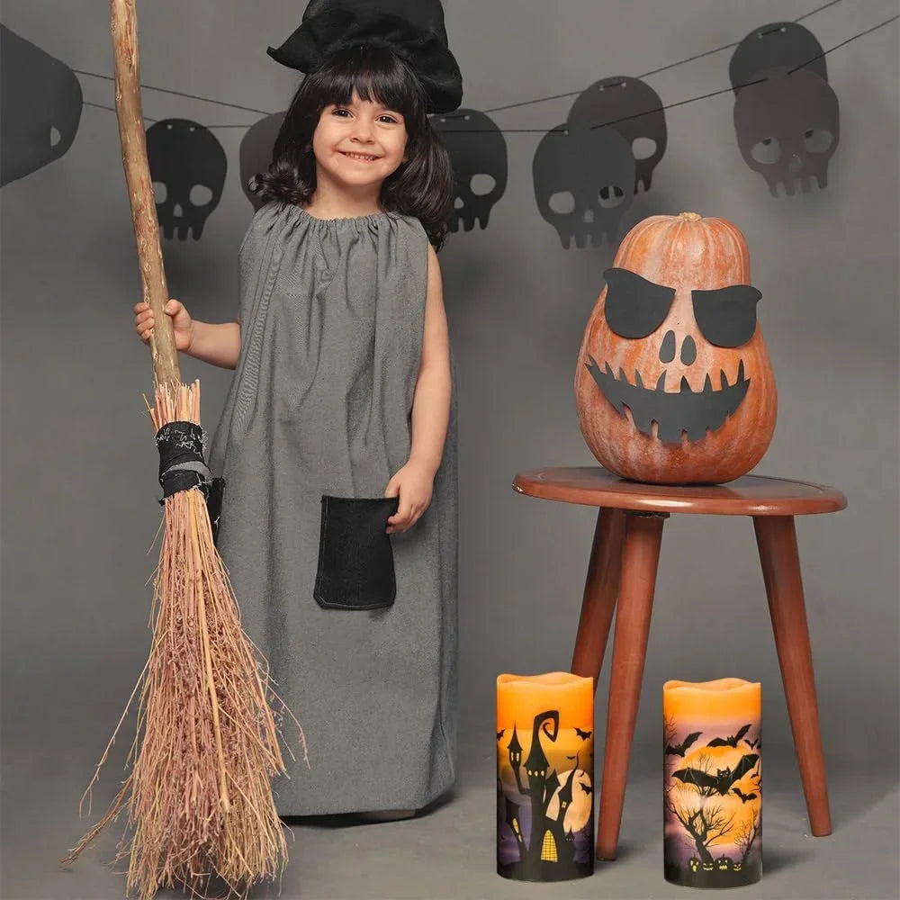 Set of three Belro Halloween flameless candles with spooky designs, ideal for home decor and safe holiday ambiance.