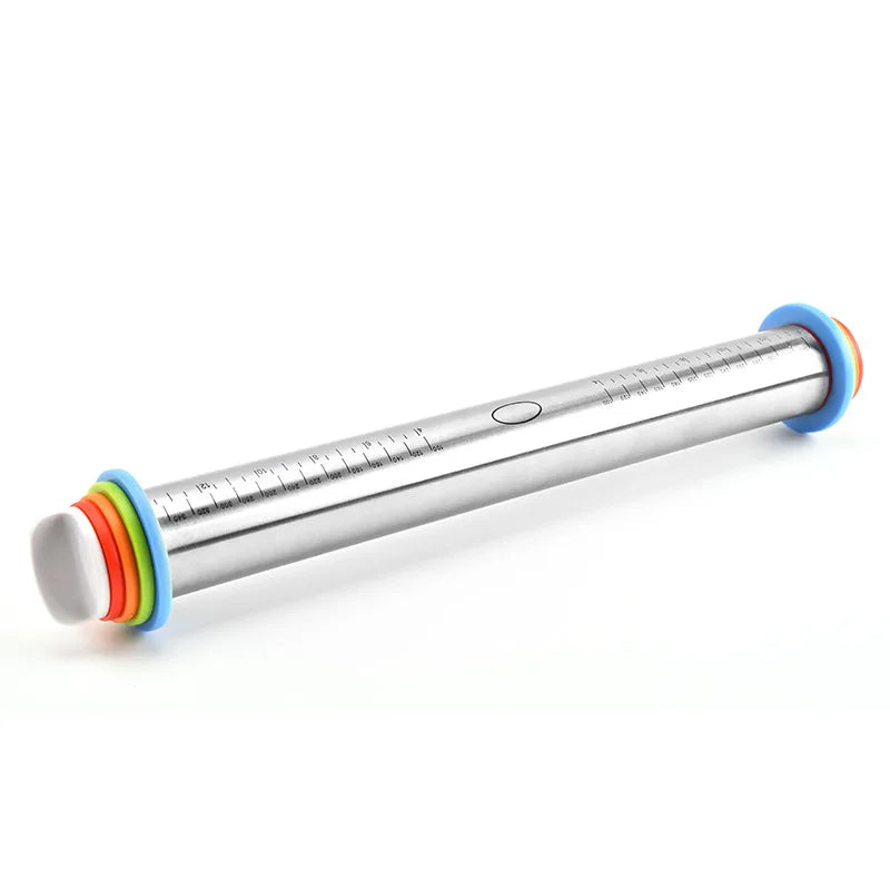Belro adjustable rolling pin with measurement rings for even dough rolling in kitchen and baking tasks.