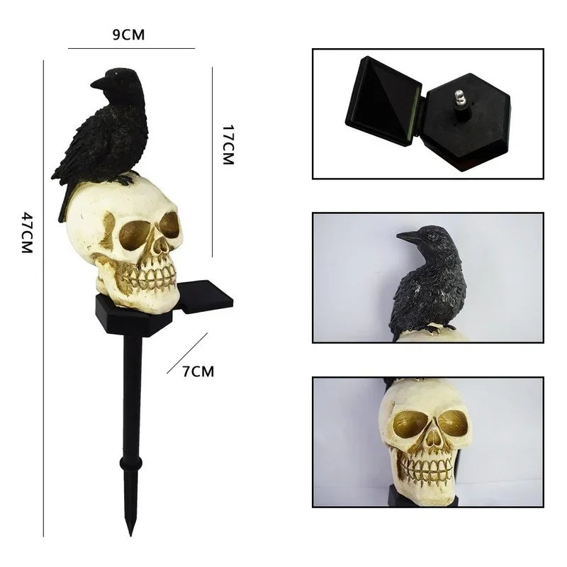 Belro Halloween Skeleton Head Solar Light accessory attached to a black umbrella, perfect for spooky outdoor decor.