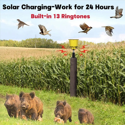Belro solar bird repeller with sound and light for outdoor pest control in garden and home areas.