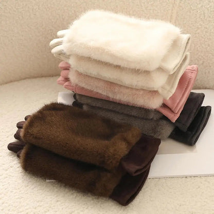 Belro suede rabbit fur touch screen winter gloves showing soft suede exterior and fur-lined interior for warmth and style.