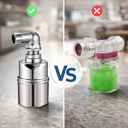 Stainless steel automatic float valve by Mivoza, self-regulating plumbing valve for water tanks, no electricity needed.