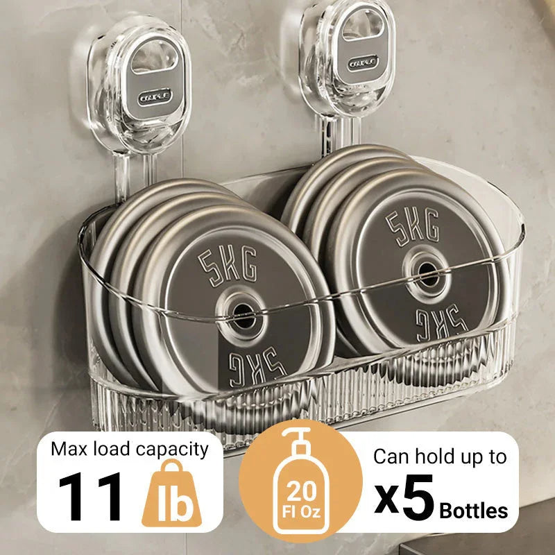 Belro multipurpose suction cup storage rack attached to a bathroom wall, ideal for organizing toiletries and small items outdoors.